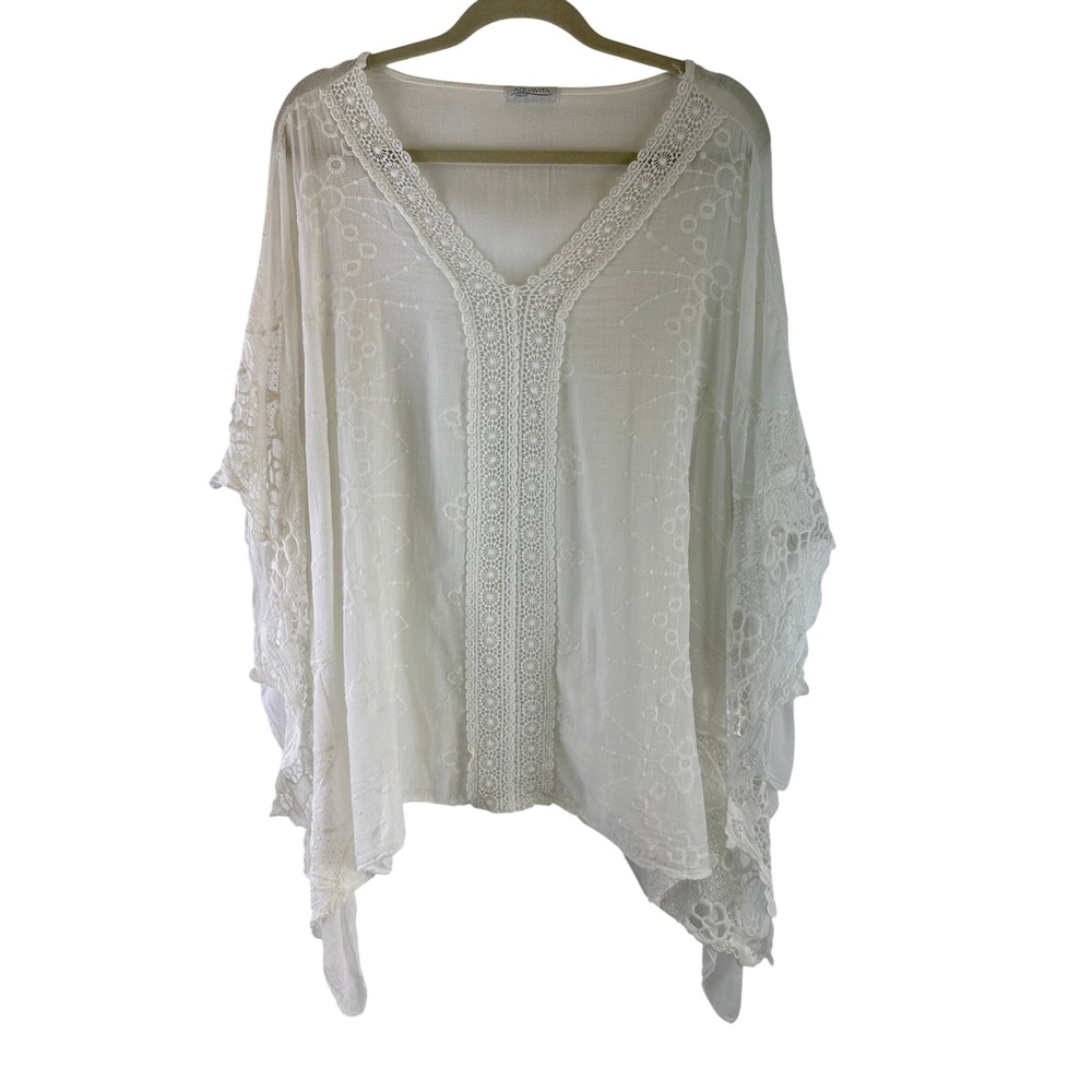 Aquavita Resort Poncho Top Cover Up White Gauze Boho Crochet Lace Trim One Size
